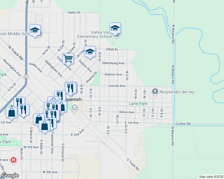 map of restaurants, bars, coffee shops, grocery stores, and more near 36 N E St in Toppenish