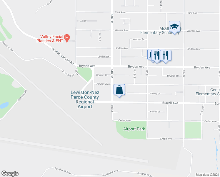 map of restaurants, bars, coffee shops, grocery stores, and more near 3424 5th Street in Lewiston