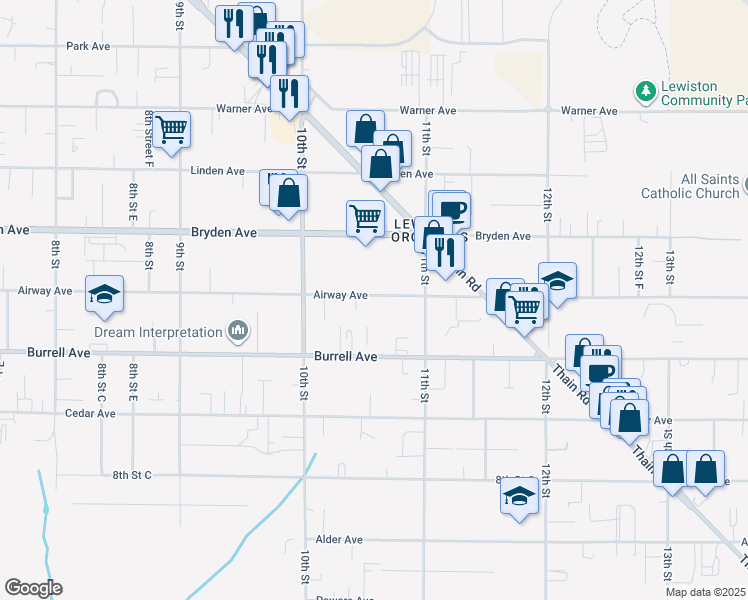 map of restaurants, bars, coffee shops, grocery stores, and more near 1027 Airway Avenue in Lewiston