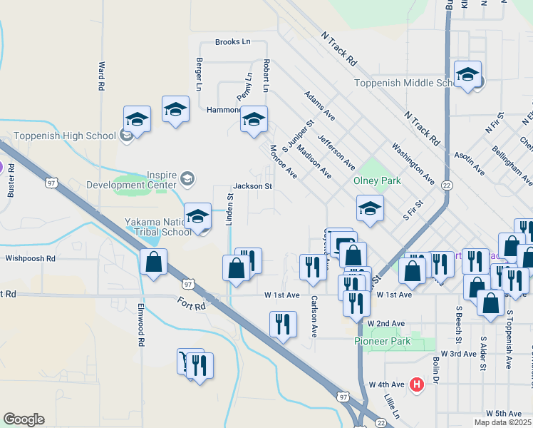 map of restaurants, bars, coffee shops, grocery stores, and more near 606 South Juniper Street in Toppenish