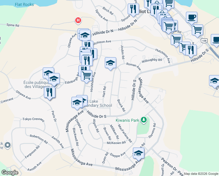 map of restaurants, bars, coffee shops, grocery stores, and more near 64 Roman Avenue in Elliot Lake