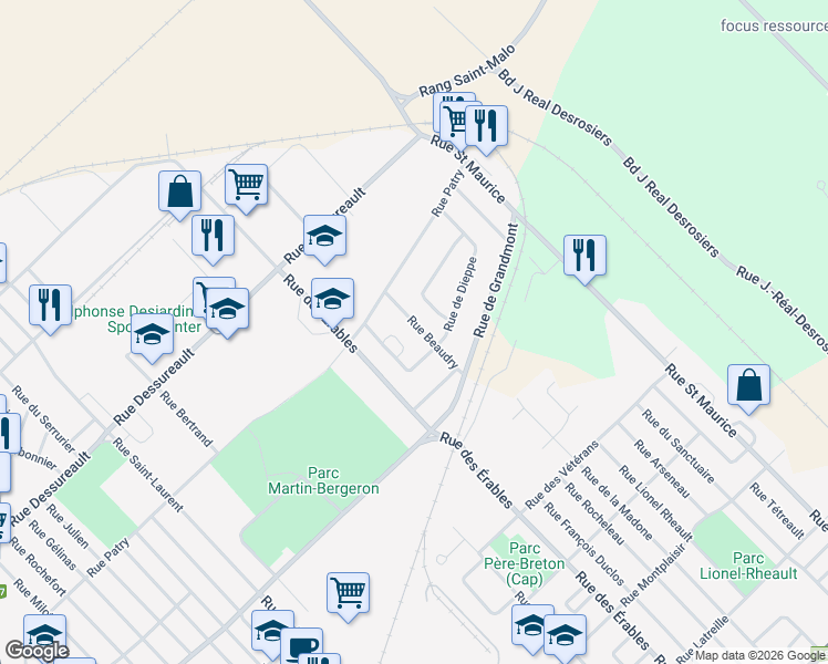 map of restaurants, bars, coffee shops, grocery stores, and more near 455 Rue Beaudry in Trois-Rivières