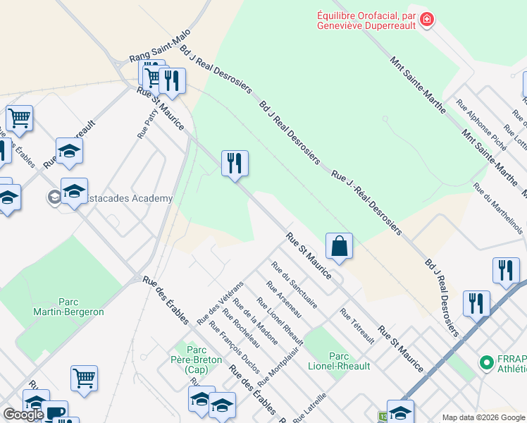 map of restaurants, bars, coffee shops, grocery stores, and more near 435 Rue Saint Maurice in Trois-Rivières
