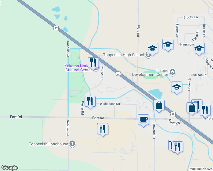 map of restaurants, bars, coffee shops, grocery stores, and more near 309 Wanity Park Drive in Toppenish