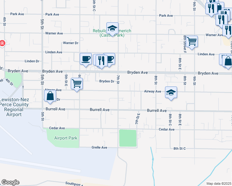 map of restaurants, bars, coffee shops, grocery stores, and more near 3422 7th Street in Lewiston