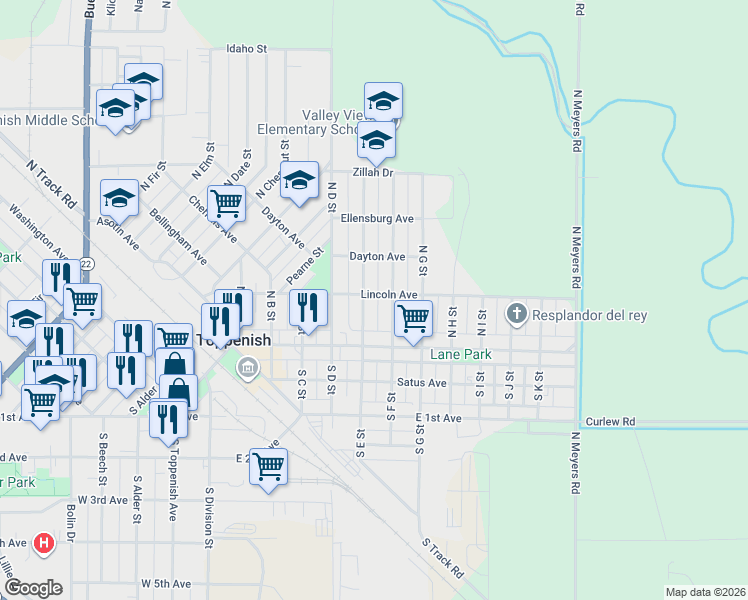 map of restaurants, bars, coffee shops, grocery stores, and more near 36 N E St in Toppenish