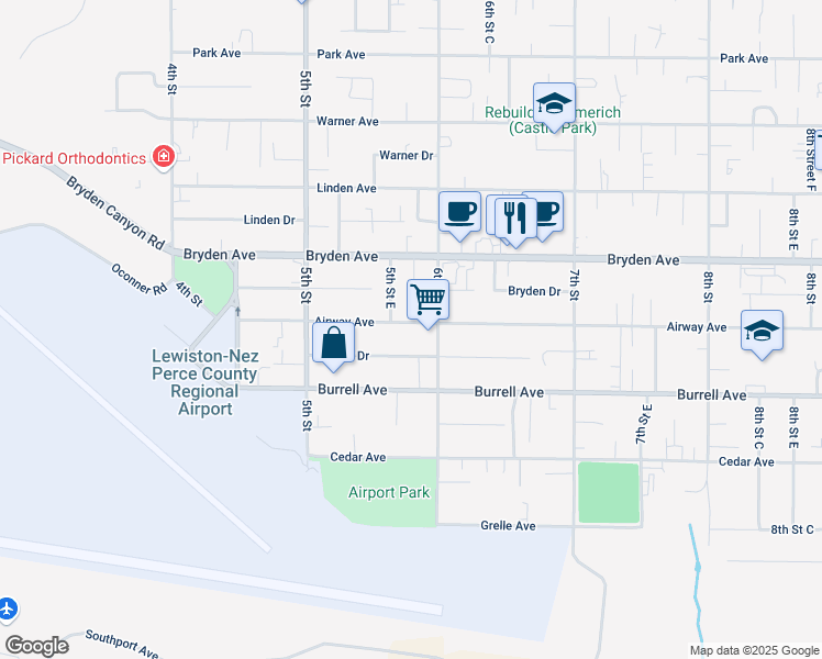 map of restaurants, bars, coffee shops, grocery stores, and more near 534 Airway Avenue in Lewiston