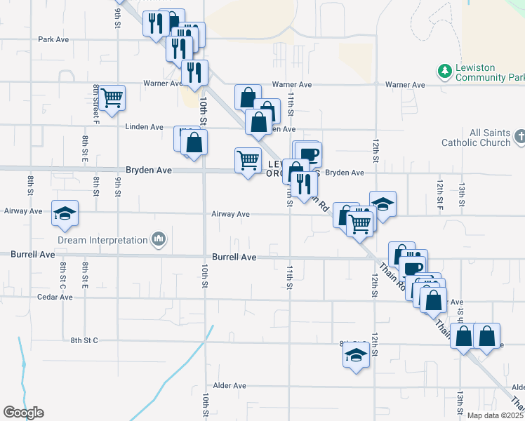 map of restaurants, bars, coffee shops, grocery stores, and more near 1027 Airway Avenue in Lewiston