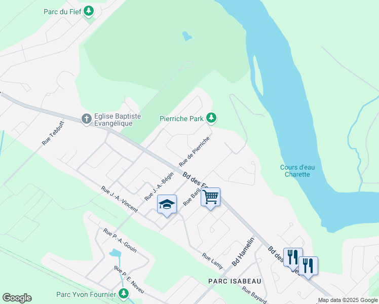 map of restaurants, bars, coffee shops, grocery stores, and more near 1410 Rue de Pierriche in Trois-Rivières