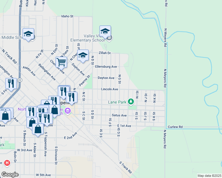 map of restaurants, bars, coffee shops, grocery stores, and more near Lincoln Avenue in Toppenish