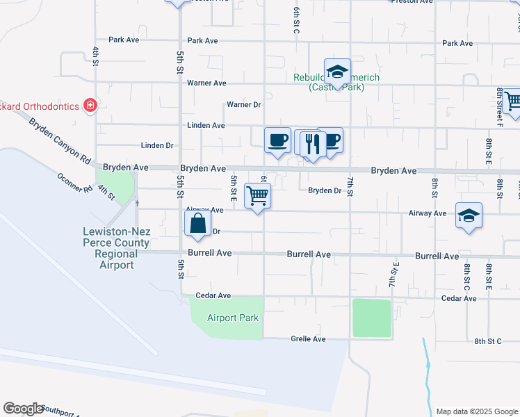 map of restaurants, bars, coffee shops, grocery stores, and more near 534 Airway Avenue in Lewiston