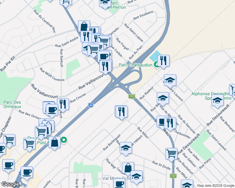 map of restaurants, bars, coffee shops, grocery stores, and more near 21 Rue Vachon in Trois-Rivières