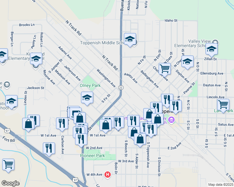 map of restaurants, bars, coffee shops, grocery stores, and more near 1 South Elm Street in Toppenish