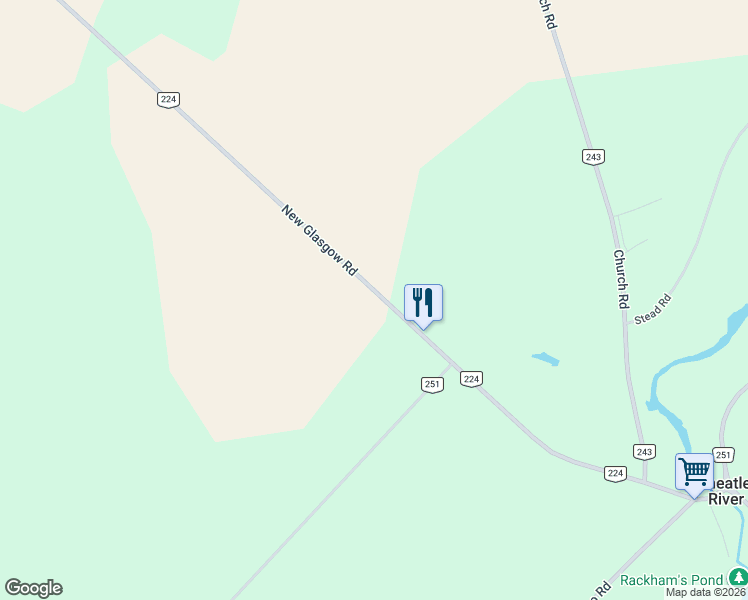 map of restaurants, bars, coffee shops, grocery stores, and more near 1883 Prince Edward Island 224 in New Glasgow