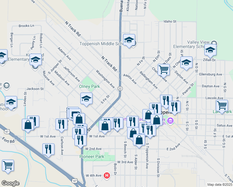 map of restaurants, bars, coffee shops, grocery stores, and more near 1 South Elm Street in Toppenish