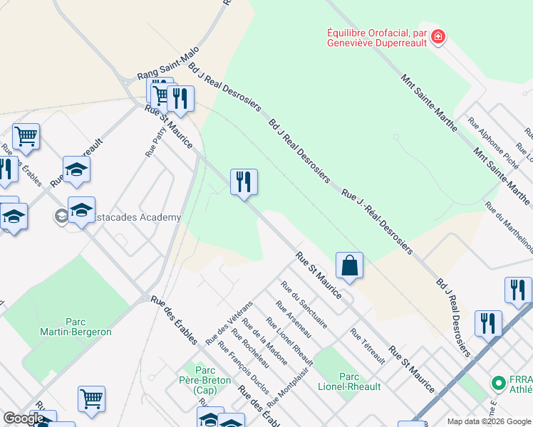 map of restaurants, bars, coffee shops, grocery stores, and more near 460 Rue Saint Maurice in Trois-Rivières