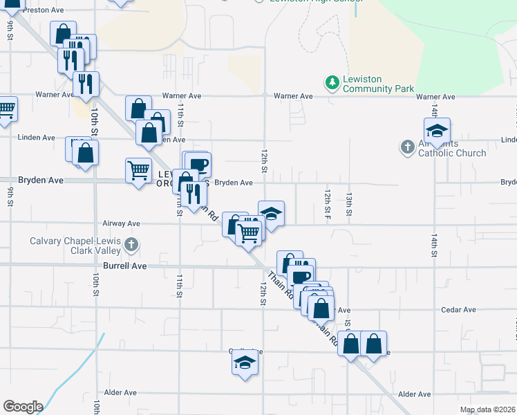 map of restaurants, bars, coffee shops, grocery stores, and more near 1201-1215 Airway Ave in Lewiston