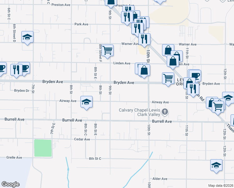 map of restaurants, bars, coffee shops, grocery stores, and more near 908 Bryden Avenue in Lewiston