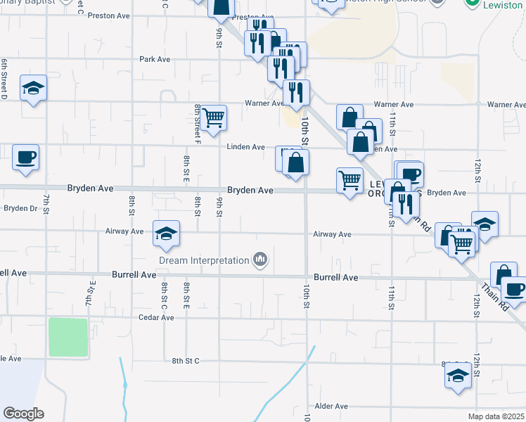 map of restaurants, bars, coffee shops, grocery stores, and more near 920 Bryden Avenue in Lewiston