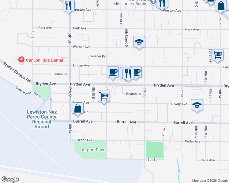 map of restaurants, bars, coffee shops, grocery stores, and more near 607 Bryden Drive in Lewiston