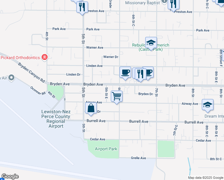 map of restaurants, bars, coffee shops, grocery stores, and more near 532 Bryden Avenue in Lewiston