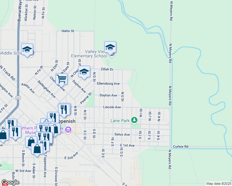 map of restaurants, bars, coffee shops, grocery stores, and more near 202 N F St in Toppenish