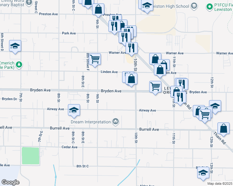 map of restaurants, bars, coffee shops, grocery stores, and more near 920 Bryden Avenue in Lewiston