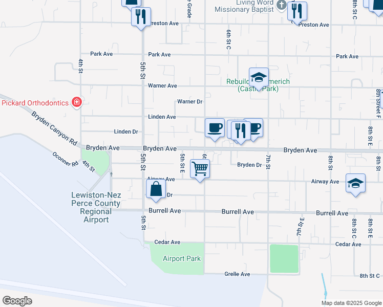 map of restaurants, bars, coffee shops, grocery stores, and more near 532 Bryden Avenue in Lewiston