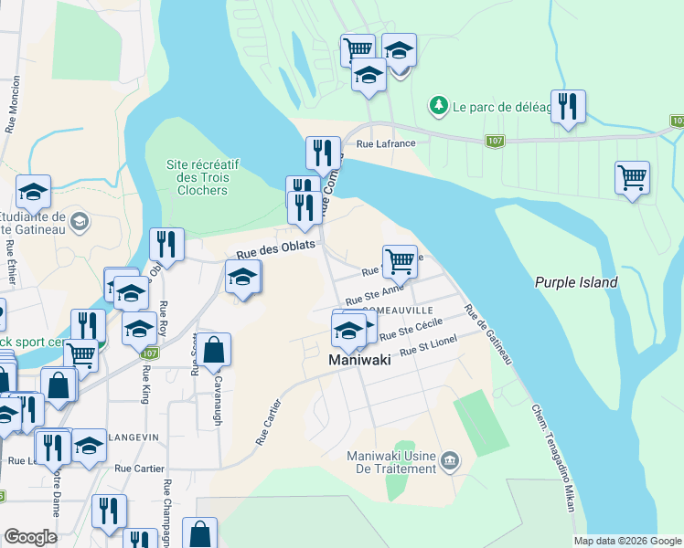 map of restaurants, bars, coffee shops, grocery stores, and more near 428 Rue Saint Patrice in Maniwaki