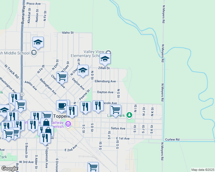 map of restaurants, bars, coffee shops, grocery stores, and more near 202 N F St in Toppenish