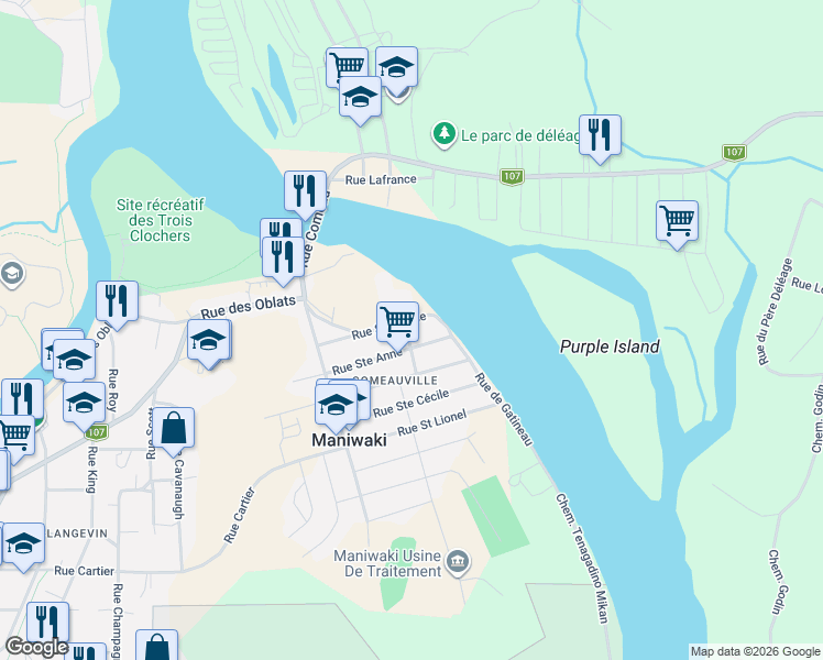 map of restaurants, bars, coffee shops, grocery stores, and more near 65 Rue Saint Jean in Maniwaki