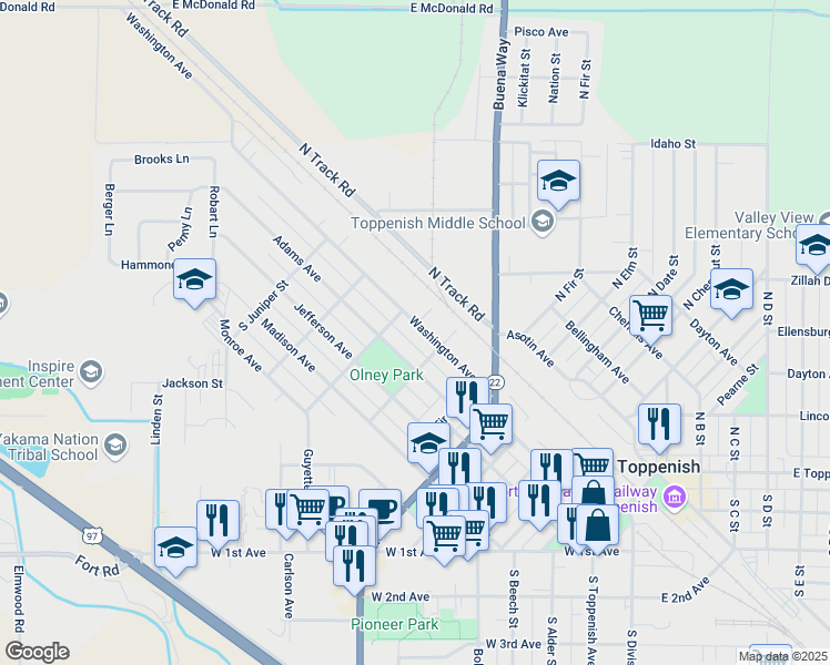 map of restaurants, bars, coffee shops, grocery stores, and more near 716 Washington Avenue in Toppenish