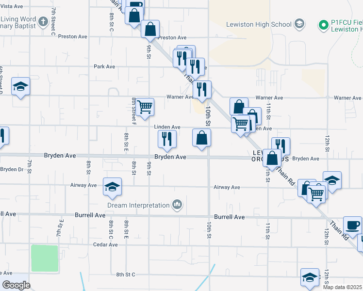 map of restaurants, bars, coffee shops, grocery stores, and more near 922 Linden Avenue in Lewiston