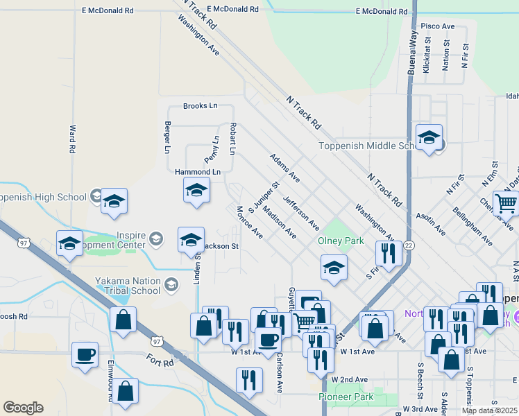map of restaurants, bars, coffee shops, grocery stores, and more near 918 Madison Avenue in Toppenish