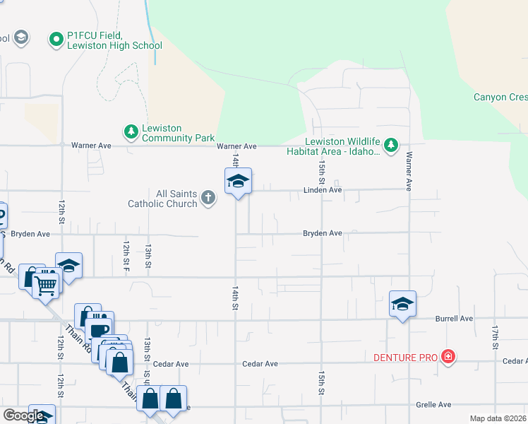 map of restaurants, bars, coffee shops, grocery stores, and more near 1416 Linden Avenue in Lewiston