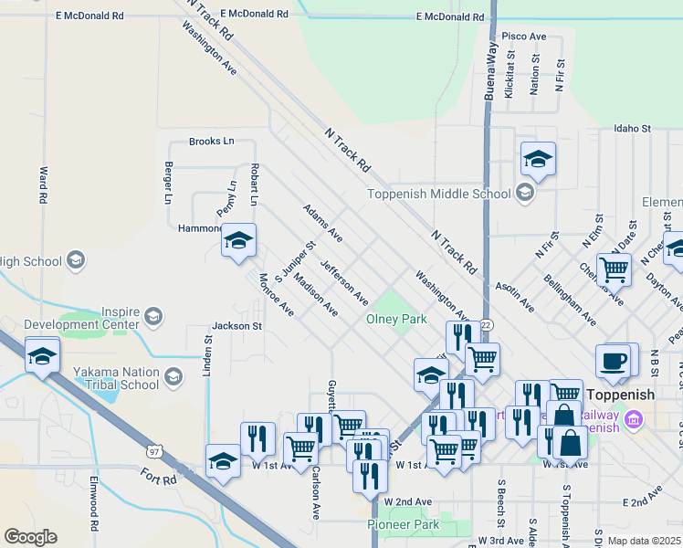 map of restaurants, bars, coffee shops, grocery stores, and more near 905 Jefferson Ave in Toppenish