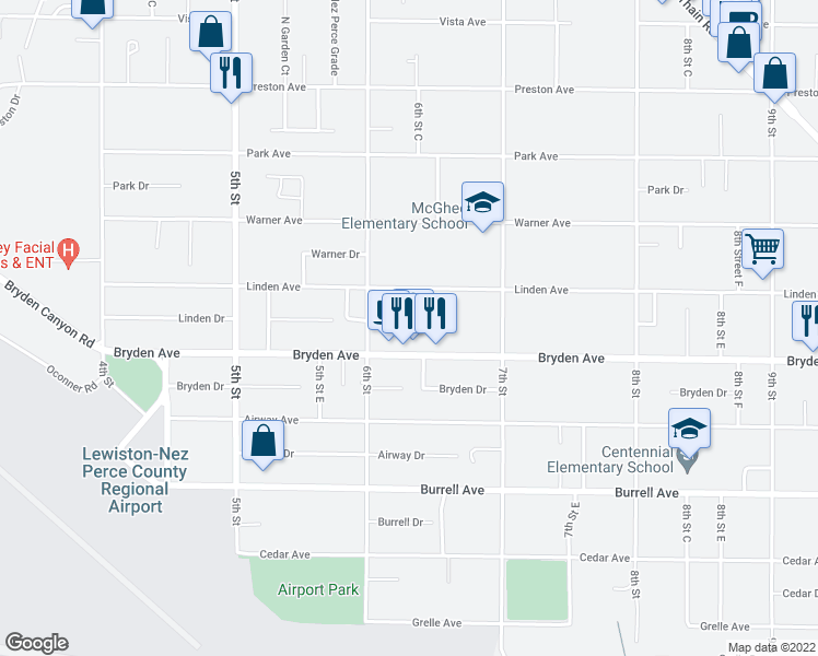 map of restaurants, bars, coffee shops, grocery stores, and more near 611 Bryden Avenue in Lewiston