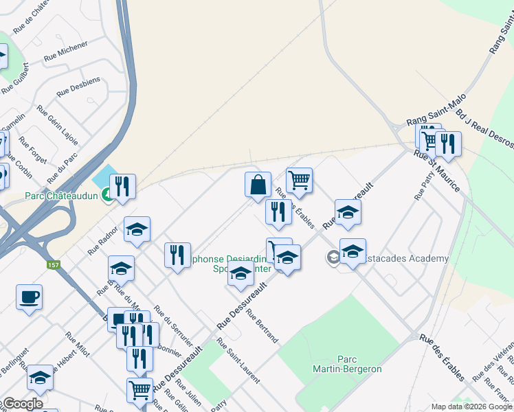 map of restaurants, bars, coffee shops, grocery stores, and more near 908 Rue Houssart in Trois-Rivières