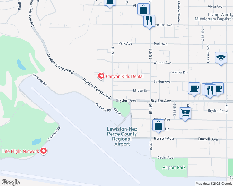 map of restaurants, bars, coffee shops, grocery stores, and more near 402 Linden Drive in Lewiston