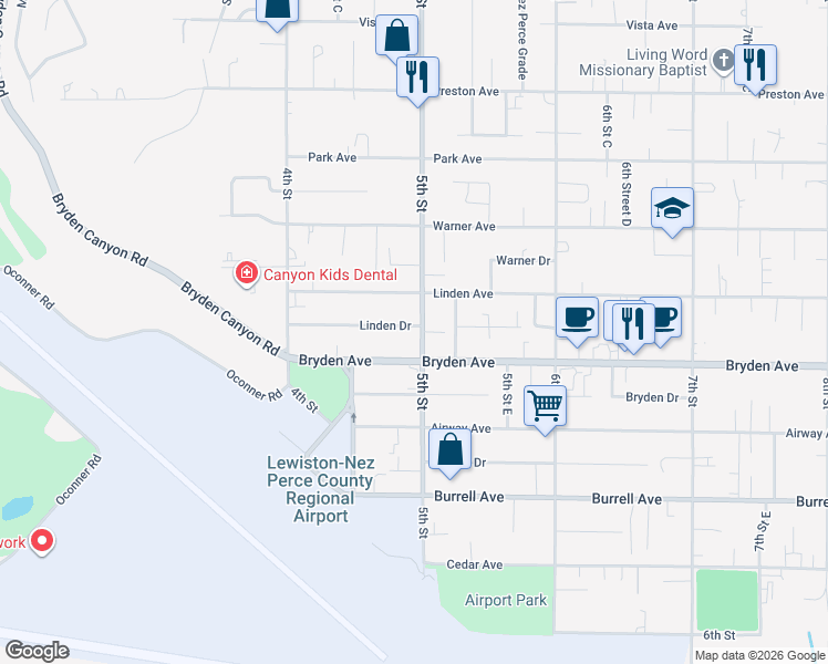 map of restaurants, bars, coffee shops, grocery stores, and more near 436 Linden Drive in Lewiston