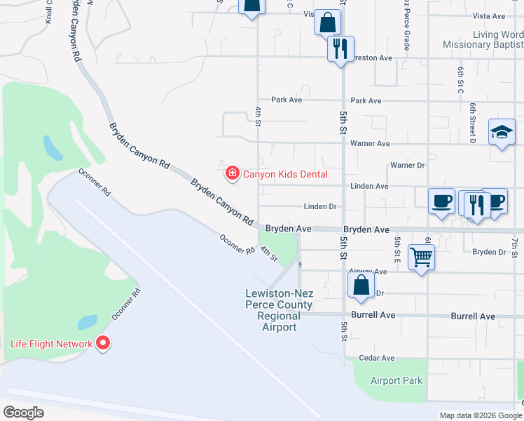 map of restaurants, bars, coffee shops, grocery stores, and more near 402 Linden Drive in Lewiston