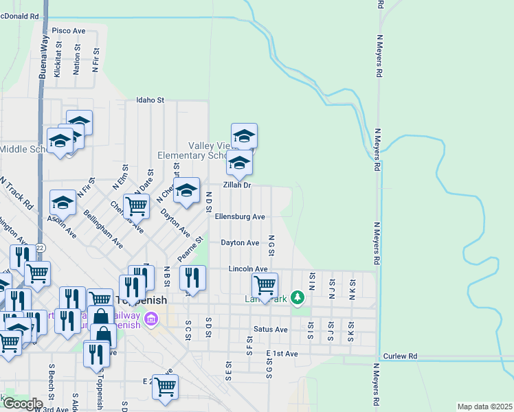 map of restaurants, bars, coffee shops, grocery stores, and more near 308 N F St in Toppenish