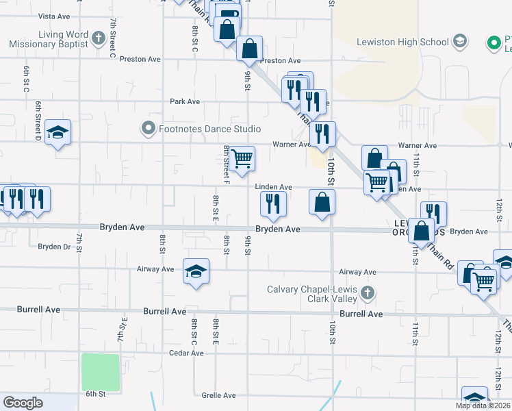 map of restaurants, bars, coffee shops, grocery stores, and more near 3327 9th Street in Lewiston