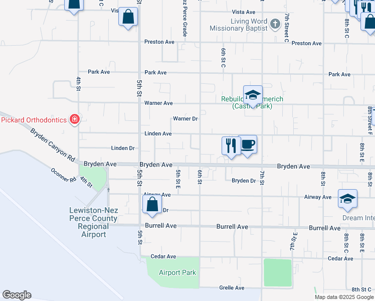 map of restaurants, bars, coffee shops, grocery stores, and more near 531 Linden Drive in Lewiston