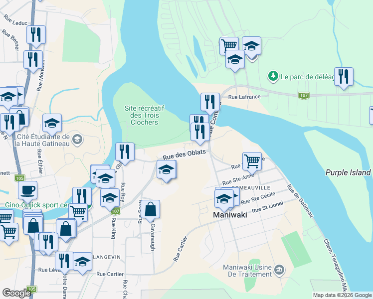 map of restaurants, bars, coffee shops, grocery stores, and more near 372 Rue des Oblats in Maniwaki