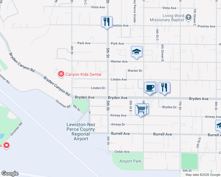 map of restaurants, bars, coffee shops, grocery stores, and more near 436 Linden Drive in Lewiston