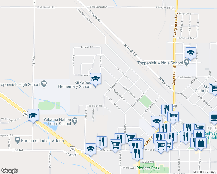 map of restaurants, bars, coffee shops, grocery stores, and more near 1001 Madison Avenue in Toppenish