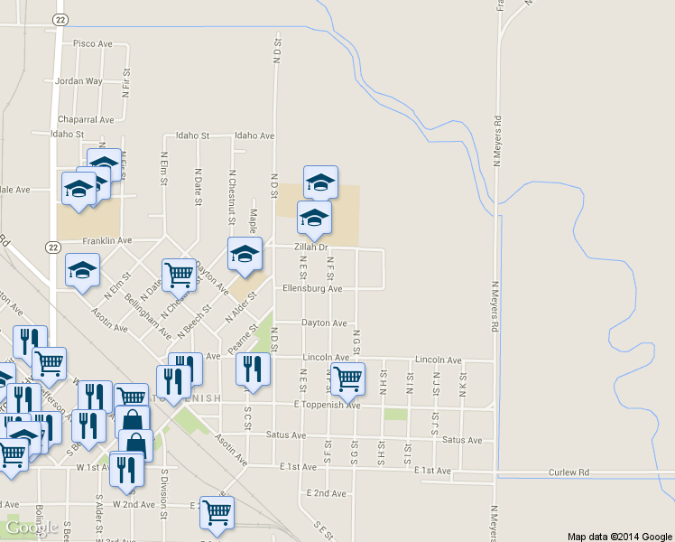 map of restaurants, bars, coffee shops, grocery stores, and more near 308 N F St in Toppenish