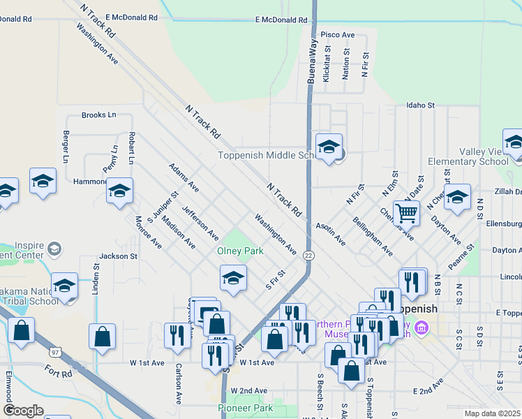 map of restaurants, bars, coffee shops, grocery stores, and more near 716 Washington Ave in Toppenish