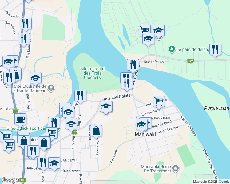 map of restaurants, bars, coffee shops, grocery stores, and more near 372 Rue des Oblats in Maniwaki